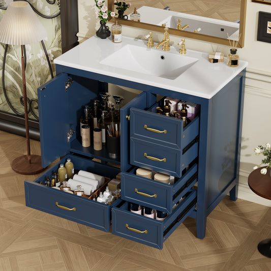 36 inch blue bathroom vanity with sink front view