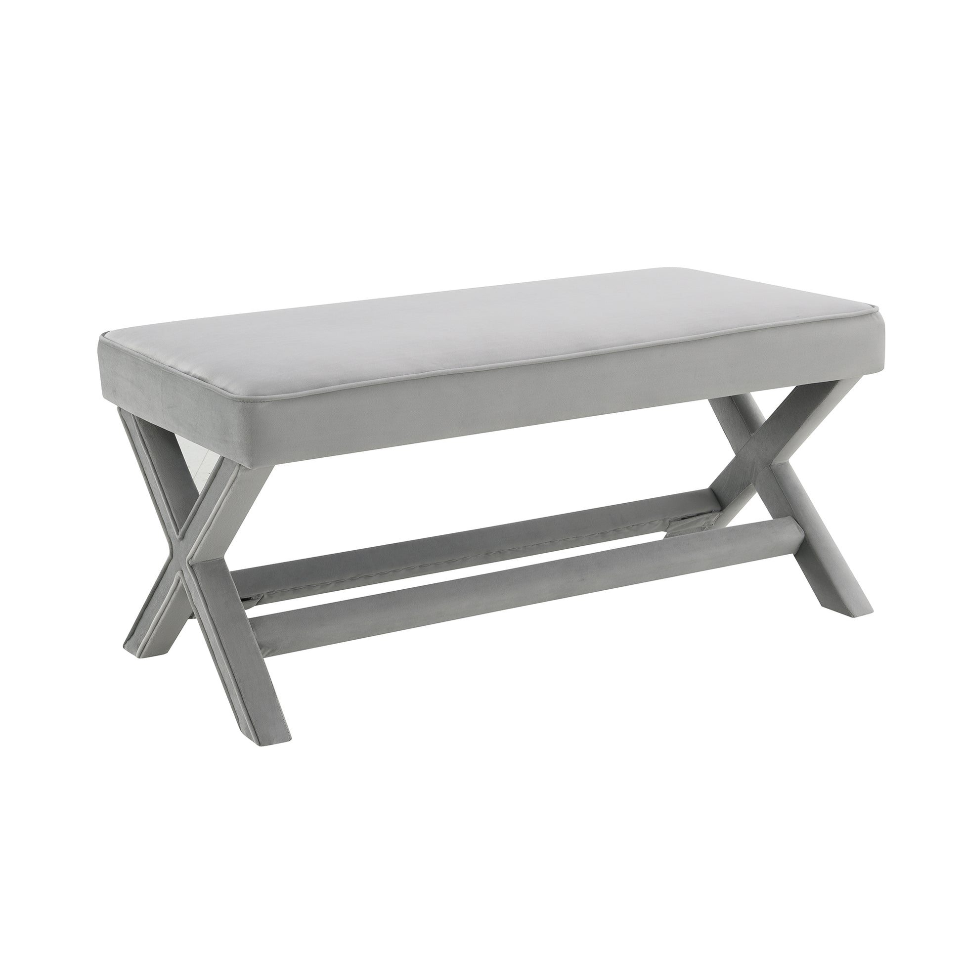 Comfort Double Bench Upholstered in Velvet Fabric,Stool with Stylish X-Crossed Legs,Comfort Cushion with piping,Velvet Light Grey image 4