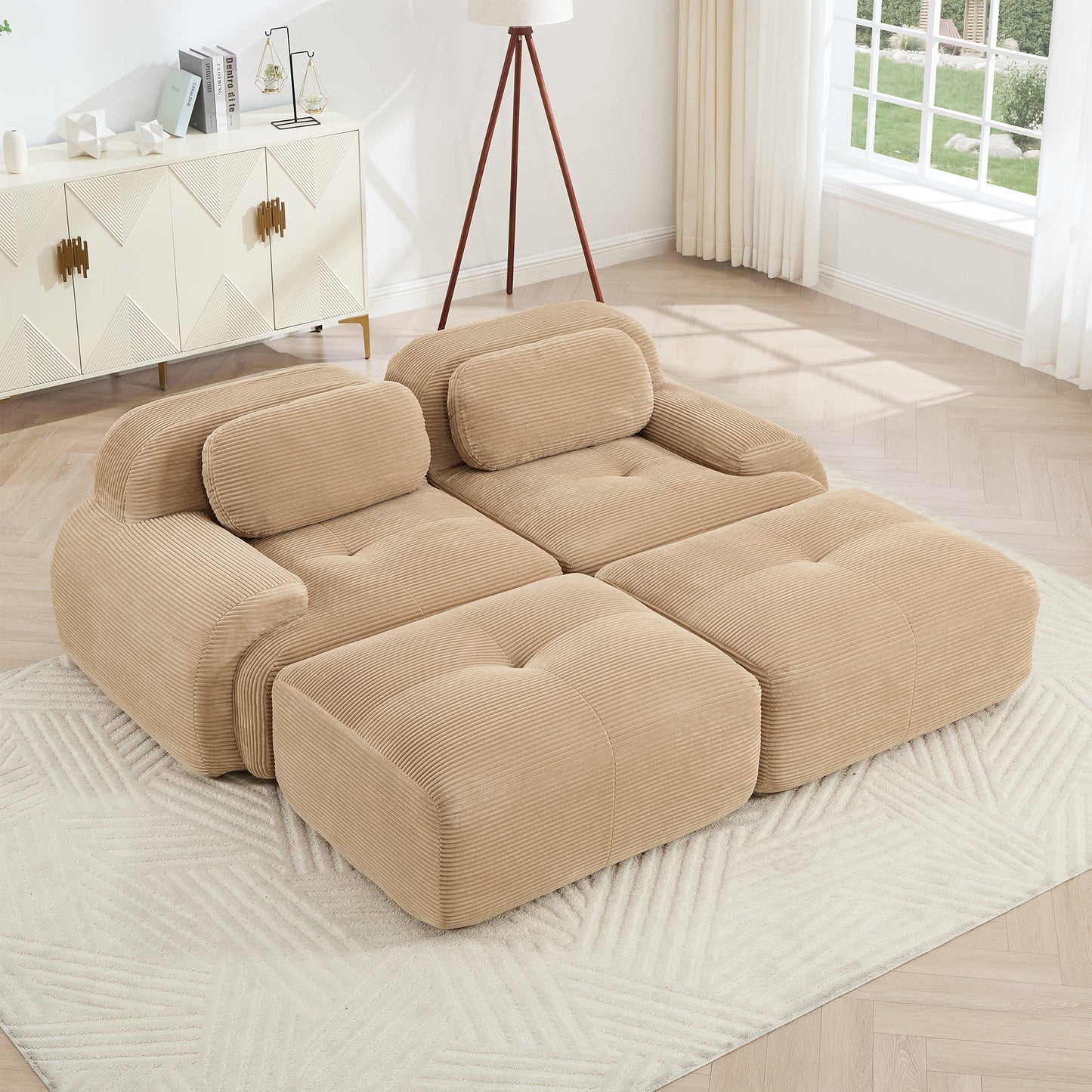 2-seat sofa in luxuryCorduroy Fabric fabric modular multi-combination anti-slip design assembly chaise lounge curved armrests ergonomic support high-resilience sponge for living rooms bedrooms,Camel image 1
