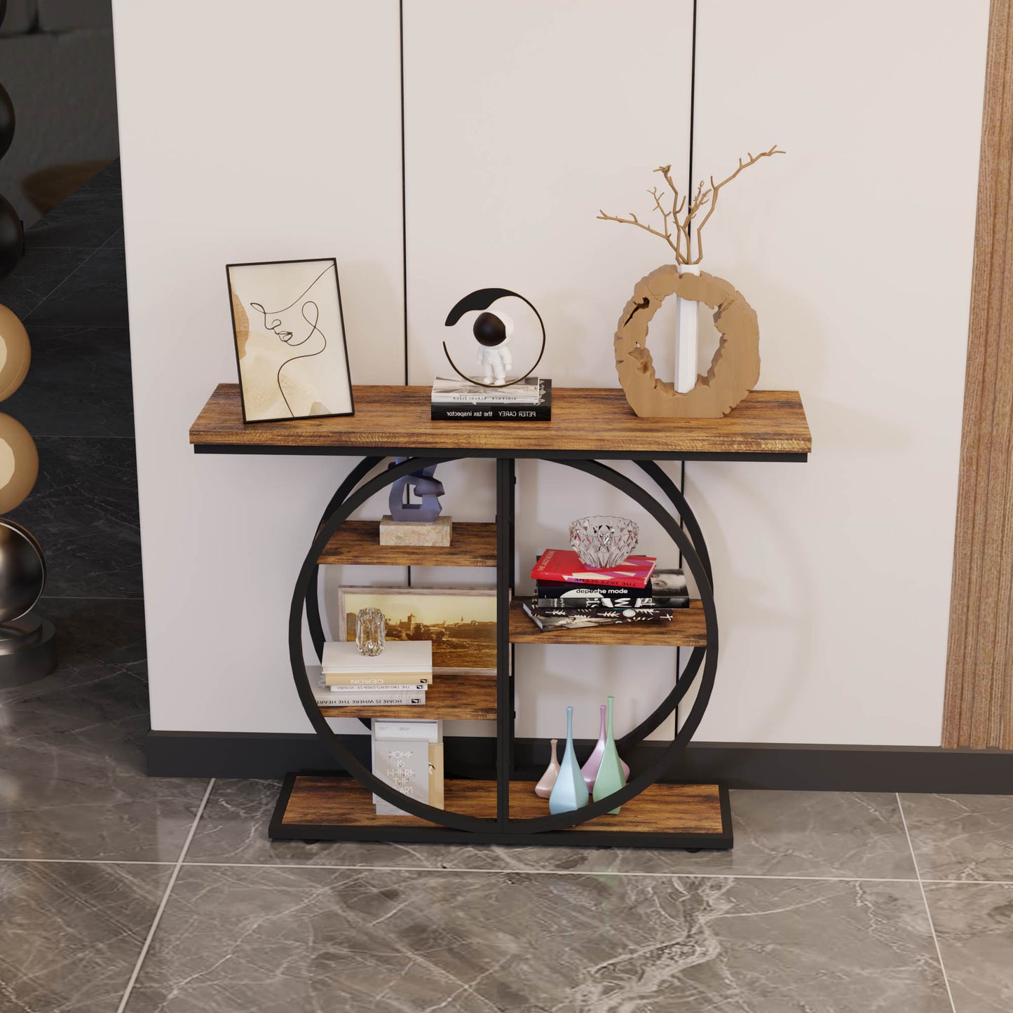 41.3 Inch Industrial Console Table for Entryway, Narrow Sofa Table with Storage Shelves & Circle Base, Rustic Brown Accent Furniture for Hallway, Foyer, Entrance, Living Room image 3