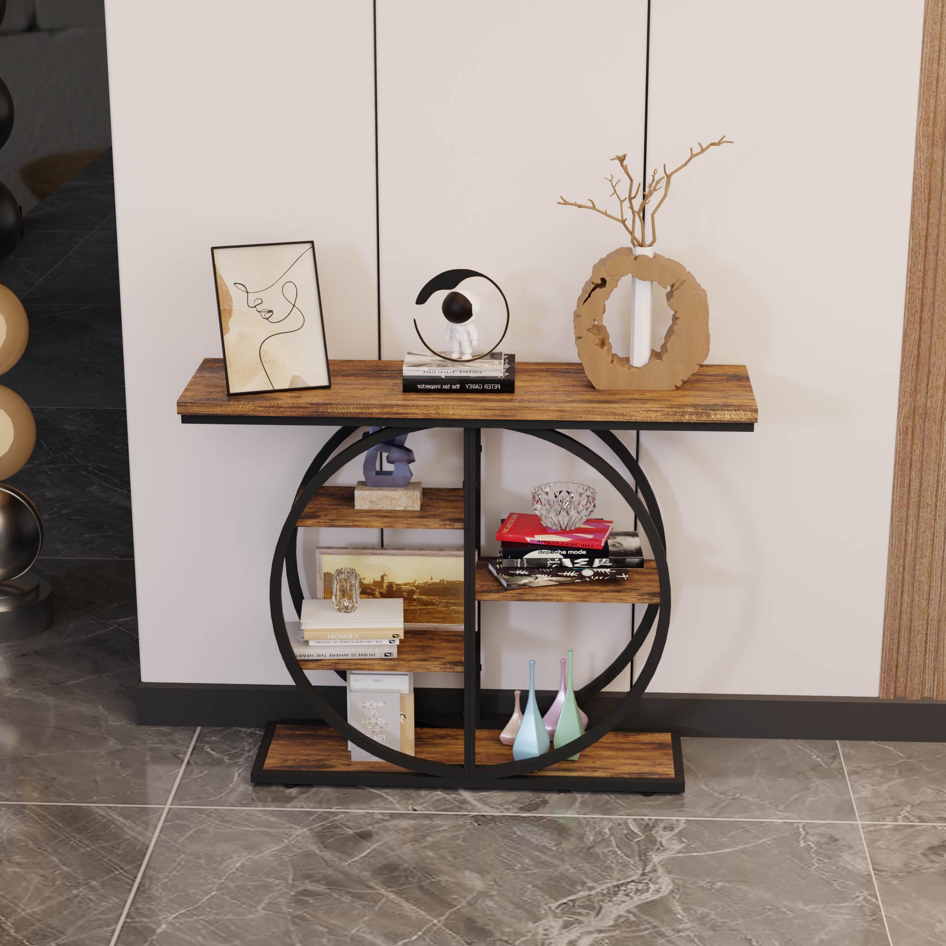 41.3 Inch Industrial Console Table for Entryway, Narrow Sofa Table with Storage Shelves & Circle Base, Rustic Brown Accent Furniture for Hallway, Foyer, Entrance, Living Room image 3