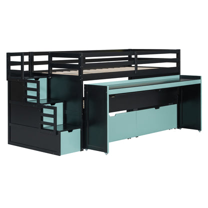 Twin XL Loft Bed with Pull-Out Desk and Twin Trundle, Multi-Functional Bunk Bed with 2 Storage Drawers and Storage Steps, Space-Saving Gaming & Workstation Bedframe, Black+Blue image 7