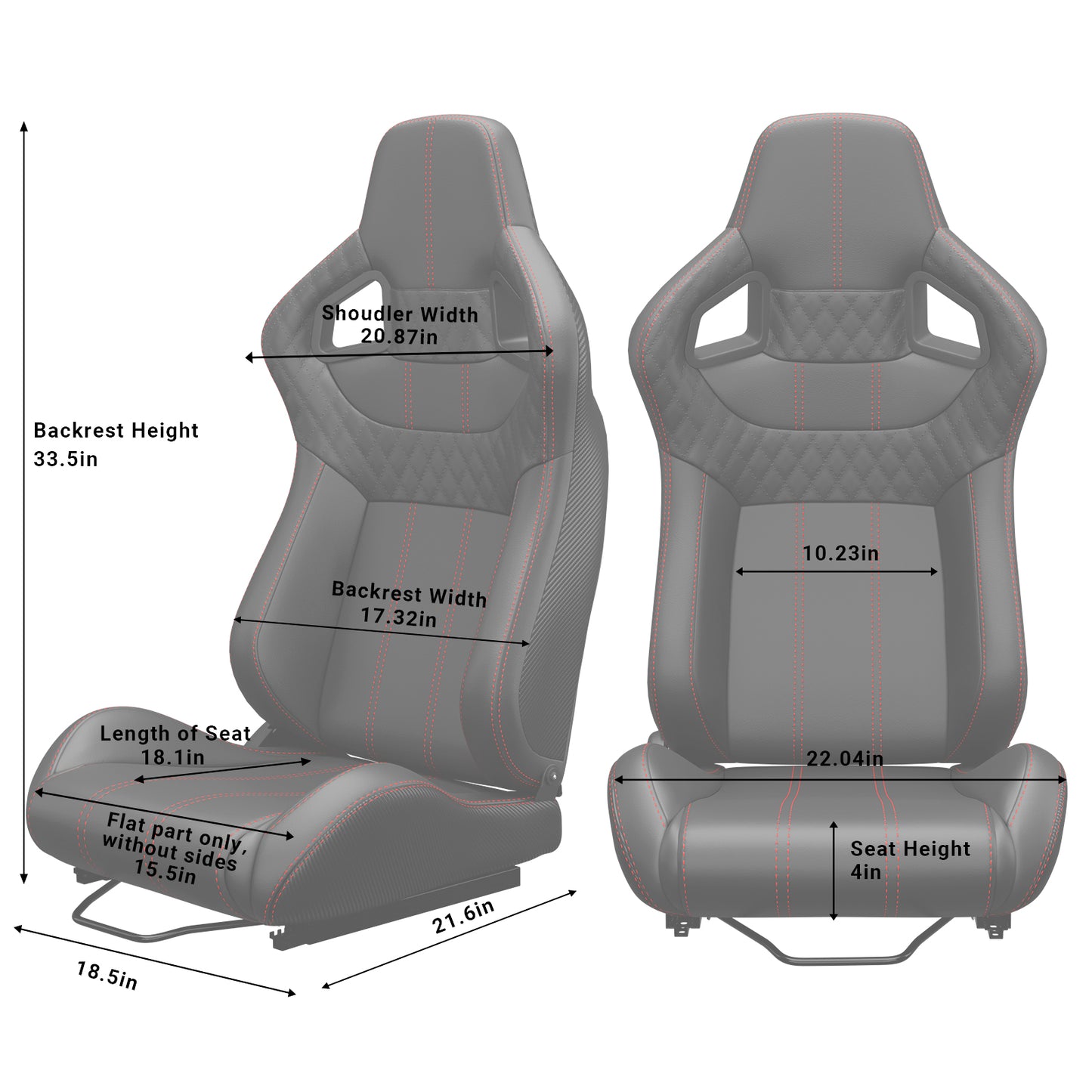 2PC Universal Bucket Racing Seats Red Stitch PVC Leather Reclinable Carbon Look Leather Back With Adjustor Slider(Not Including Seat Bracket) image 4