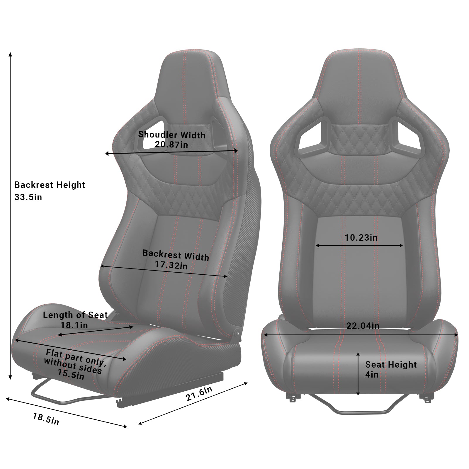 2PC Universal Bucket Racing Seats Red Stitch PVC Leather Reclinable Carbon Look Leather Back With Adjustor Slider(Not Including Seat Bracket) image 4
