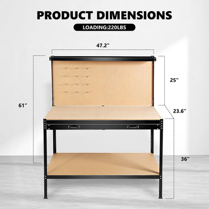 63" Tools Cabinet Working Tables Workbench Tool Storage Workshop Table with Drawers and Pegboard image 9