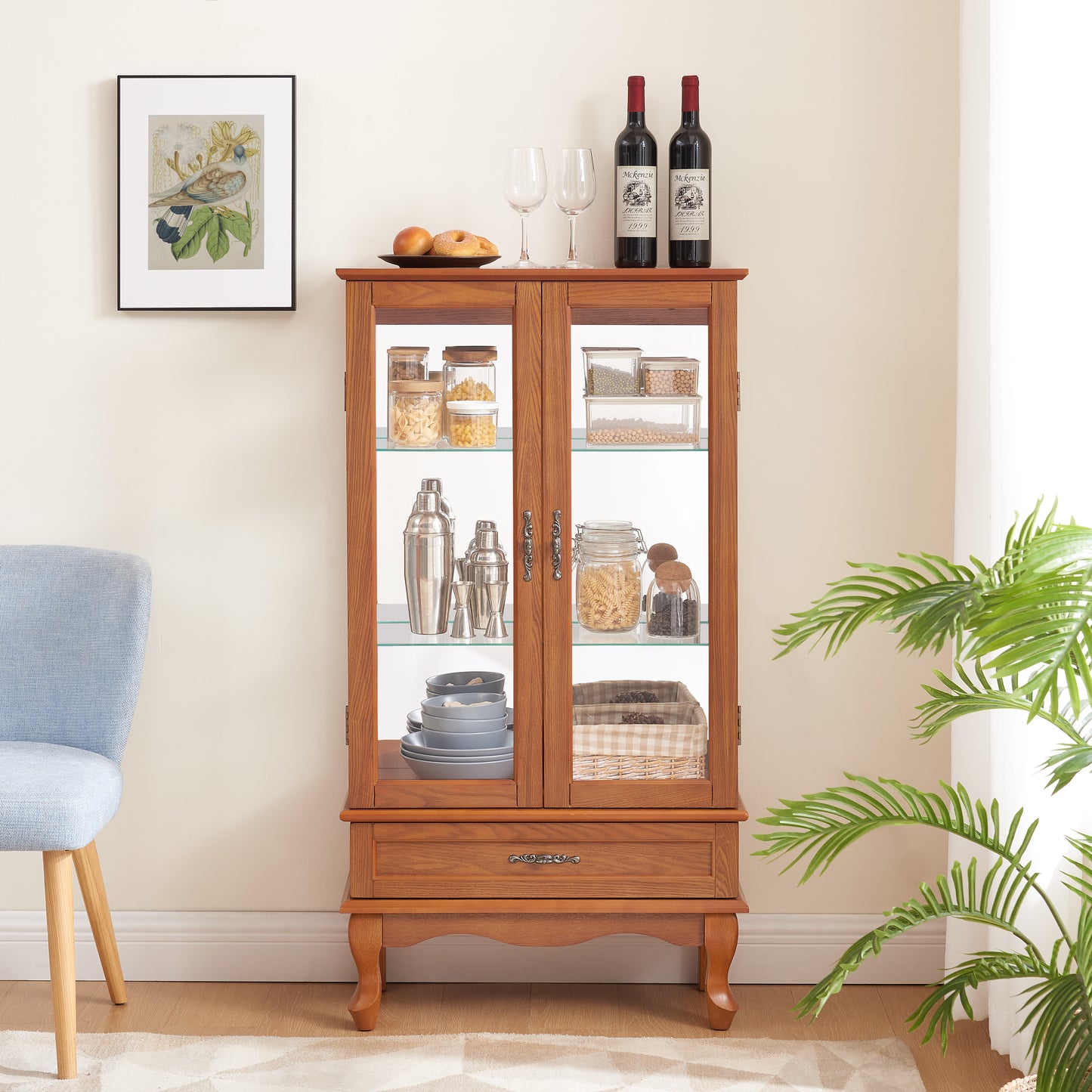 Lighted Glass Cabinet Glass Wine Cabinet Curio Display Cabinet with Adjustable Glass Shelves 2 Doors and 1 drawer Cabinet Bulb Included OAK image 1