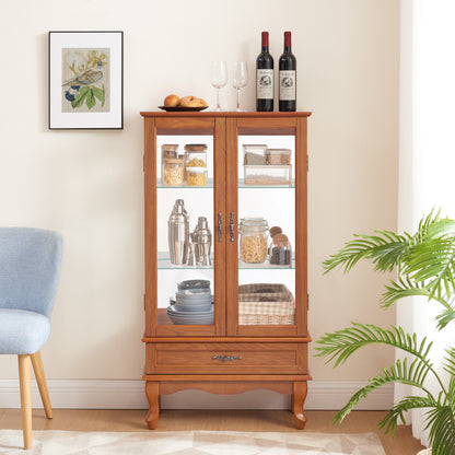 Lighted Glass Cabinet Glass Wine Cabinet Curio Display Cabinet with Adjustable Glass Shelves 2 Doors and 1 drawer Cabinet Bulb Included OAK image 1
