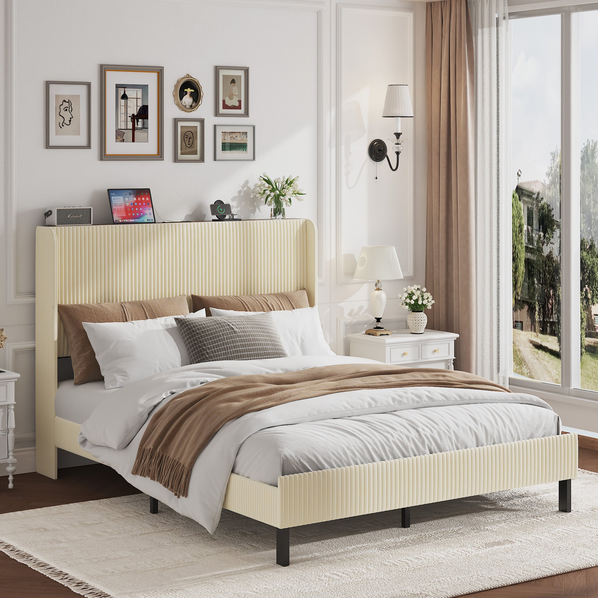 Queen Size Platform Bed, Metal Bed Frame with Charging Station, No Box Spring Needed, (Beige), Noise Free,Easy Assemble. image 1