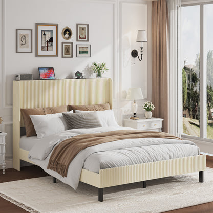 Queen Size Platform Bed, Metal Bed Frame with Charging Station, No Box Spring Needed, (Beige), Noise Free,Easy Assemble. image 1