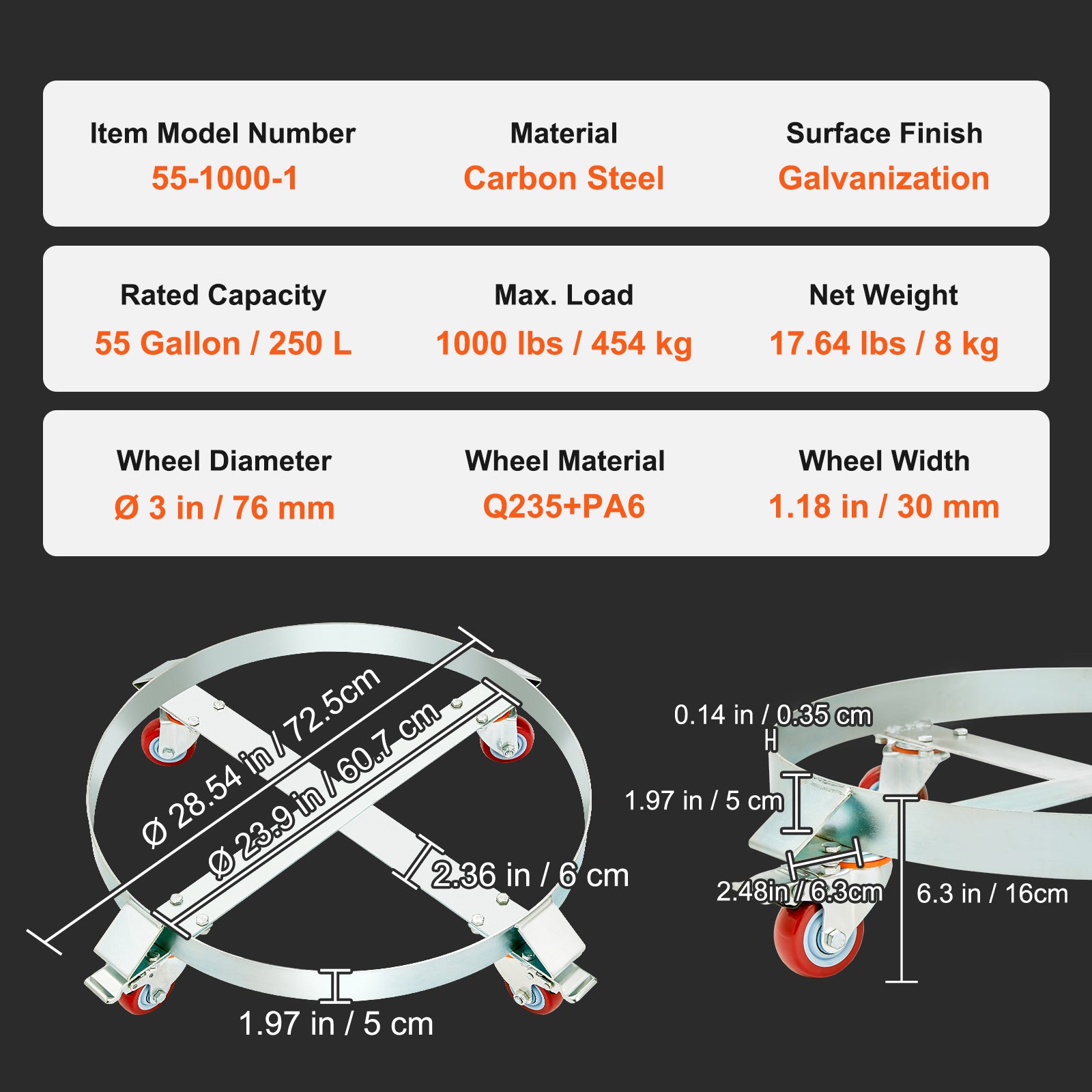 55 Gallon Heavy Duty Drum Dolly, 1000lbs Load Capacity, Barrel Dolly Cart Drum Caddy, Non Tipping Hand Truck Capacity Dollies with Steel Frame 4 Swivel Casters Wheel, for Warehouse Drum Handling image 7