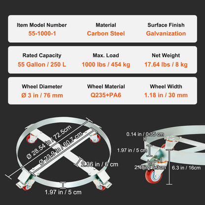 55 Gallon Heavy Duty Drum Dolly, 1000lbs Load Capacity, Barrel Dolly Cart Drum Caddy, Non Tipping Hand Truck Capacity Dollies with Steel Frame 4 Swivel Casters Wheel, for Warehouse Drum Handling image 7