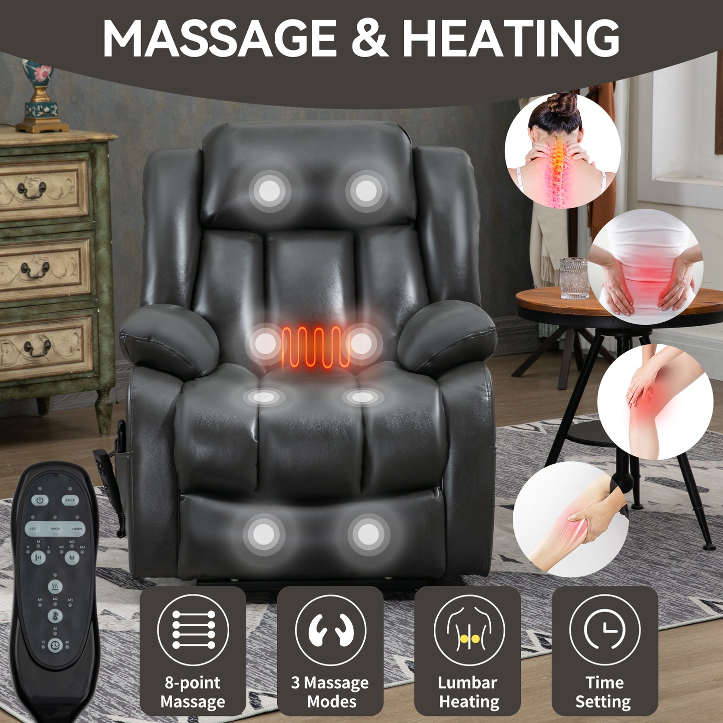 Dual Motor Infinite Position Up to 350 LBS Electric Medium size Leatheraire Grey Power Lift Recliner Chair with 8-Point Vibration Massage and Lumbar Heating image 8