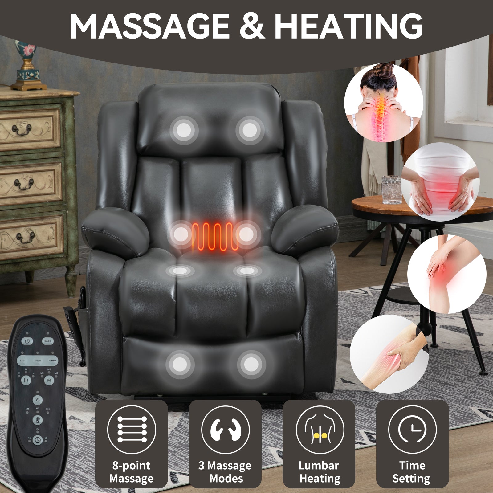 Dual Motor Infinite Position Up to 350 LBS Electric Medium size Leatheraire Grey Power Lift Recliner Chair with 8-Point Vibration Massage and Lumbar Heating image 8