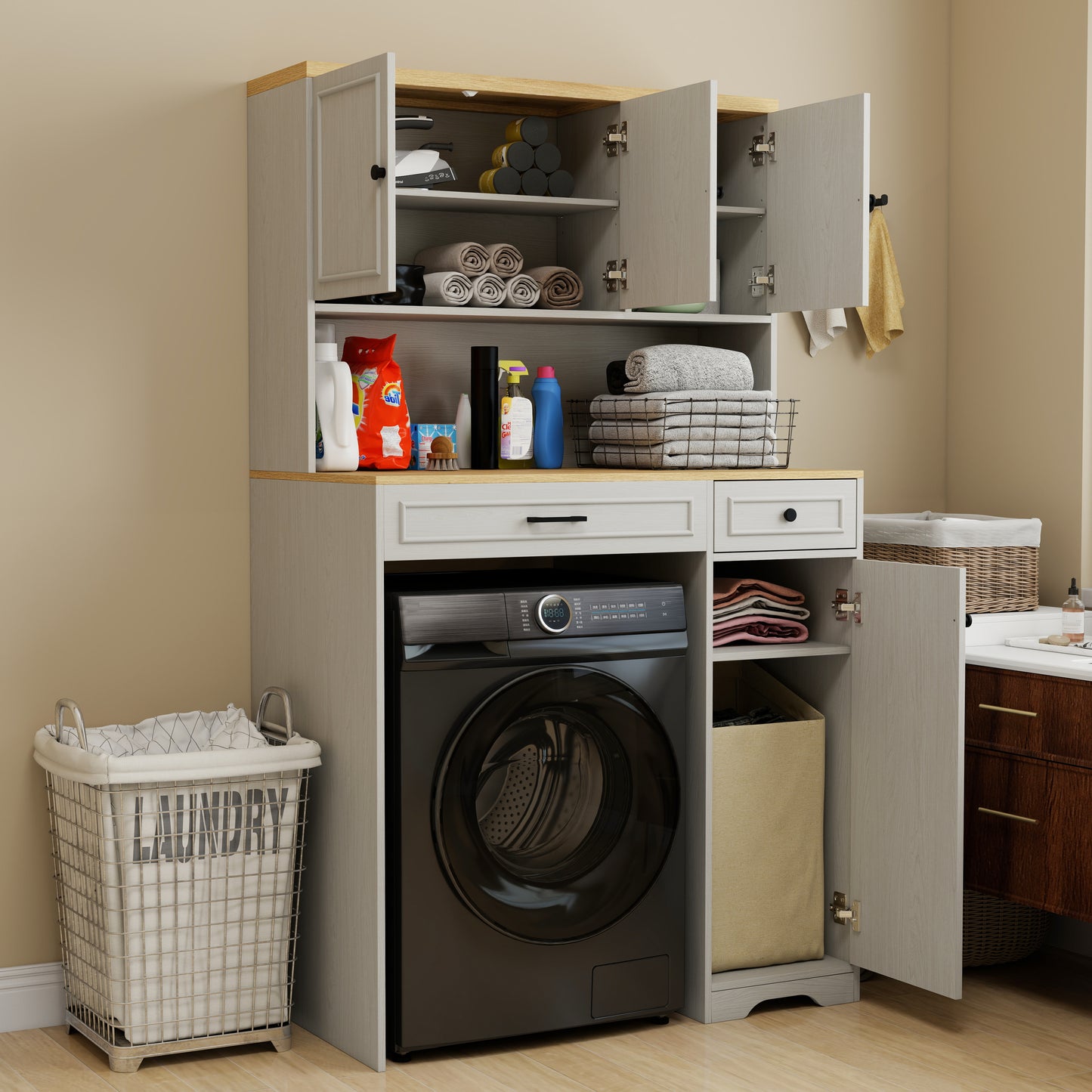 Over the Washer, Dryer and Robot Vacuum Storage Cabinet suitable for Compact Washing Machines, Laundry Room Storage Organizer with 1 Laundry Basket, 1 Drawer and 2 Adjustable Shelves-Antique White image 5