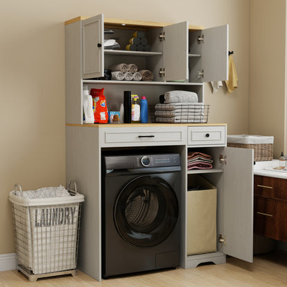 Over the Washer, Dryer and Robot Vacuum Storage Cabinet suitable for Compact Washing Machines, Laundry Room Storage Organizer with 1 Laundry Basket, 1 Drawer and 2 Adjustable Shelves-Antique White image 5