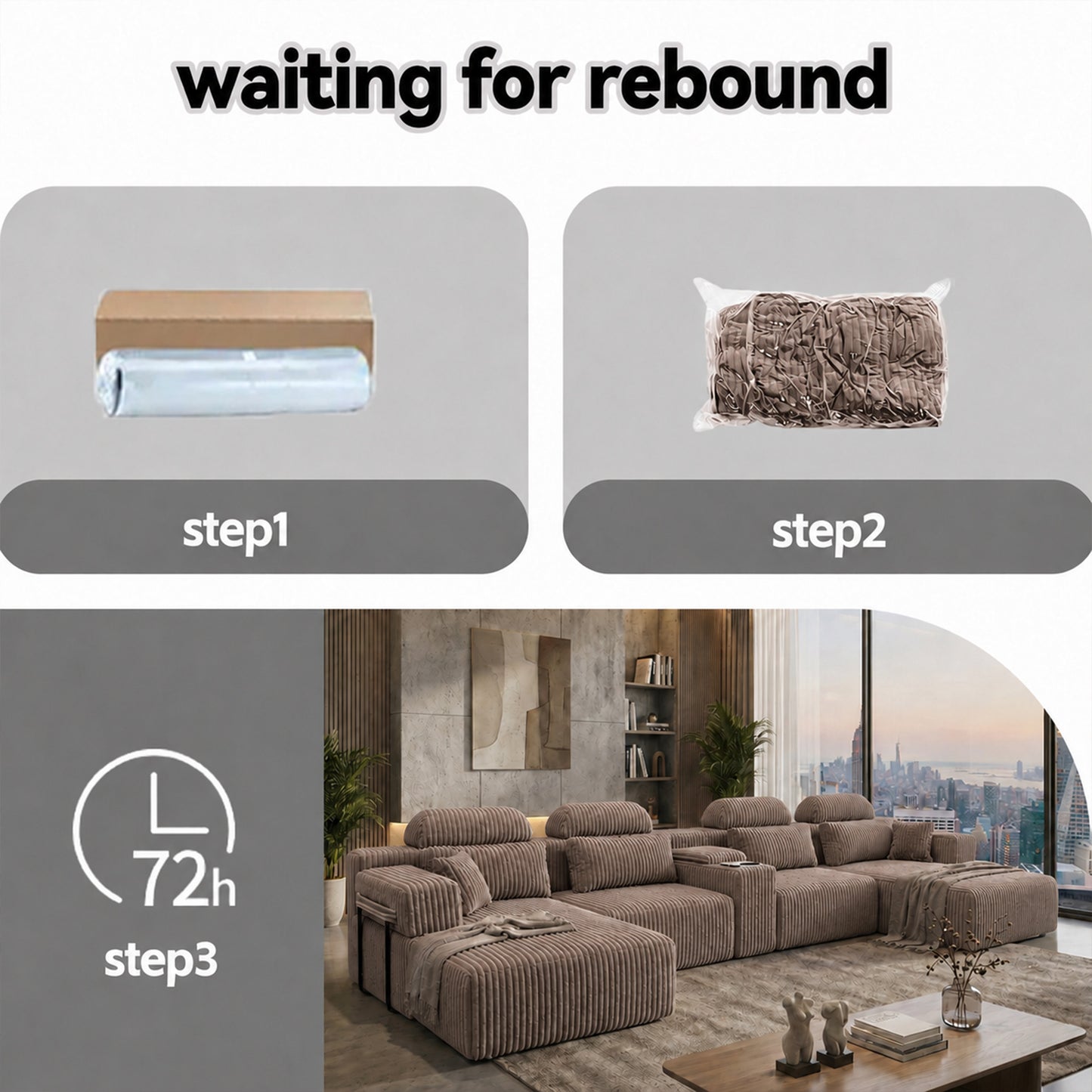 Modern coffee corduroy 6-seater U-shaped sofa with lounge chair and cup holder -145.7 inch oversized modular compression sofa, suitable for home theaters, luxury living spaces, tool free assembly image 8