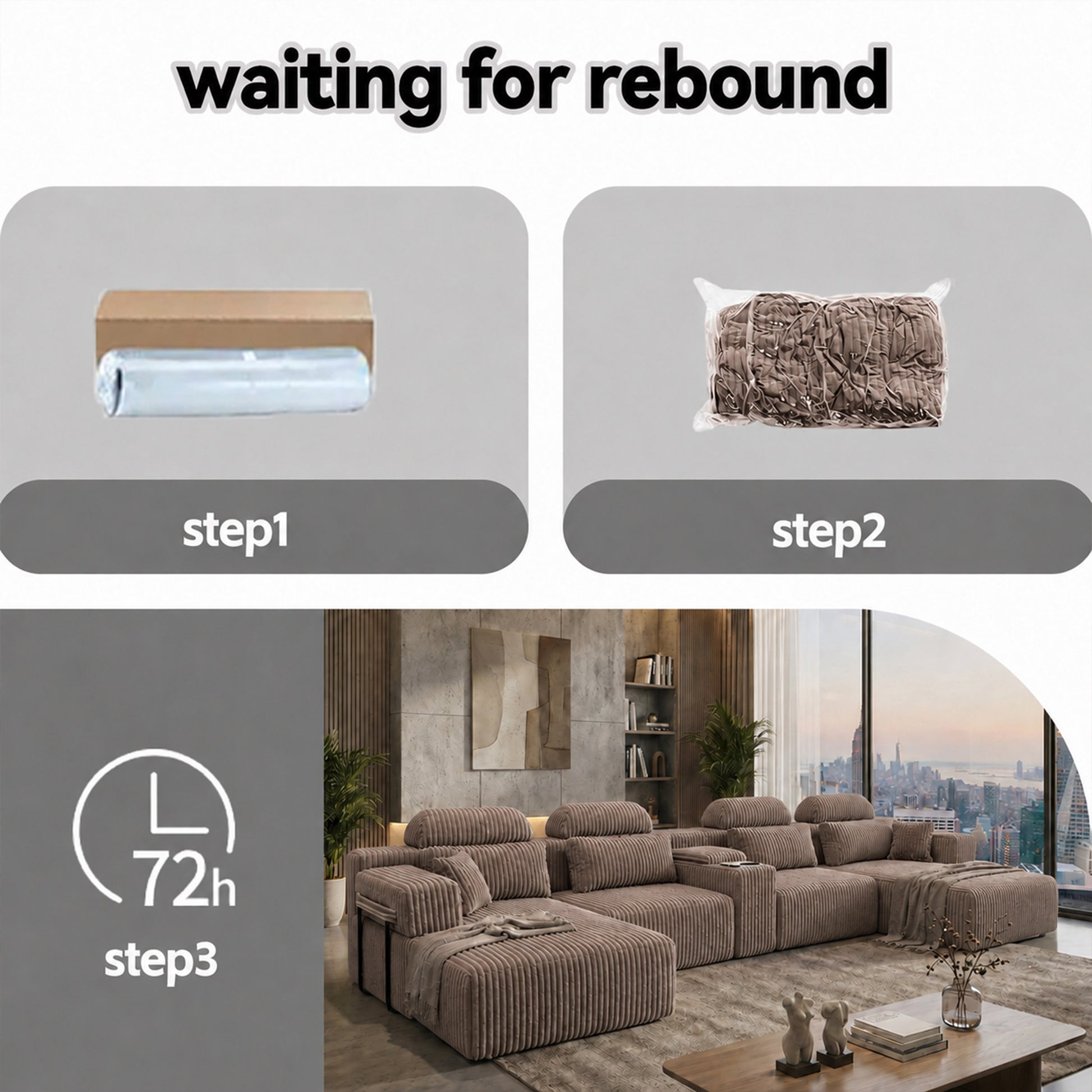 Modern coffee corduroy 6-seater U-shaped sofa with lounge chair and cup holder -145.7 inch oversized modular compression sofa, suitable for home theaters, luxury living spaces, tool free assembly image 8
