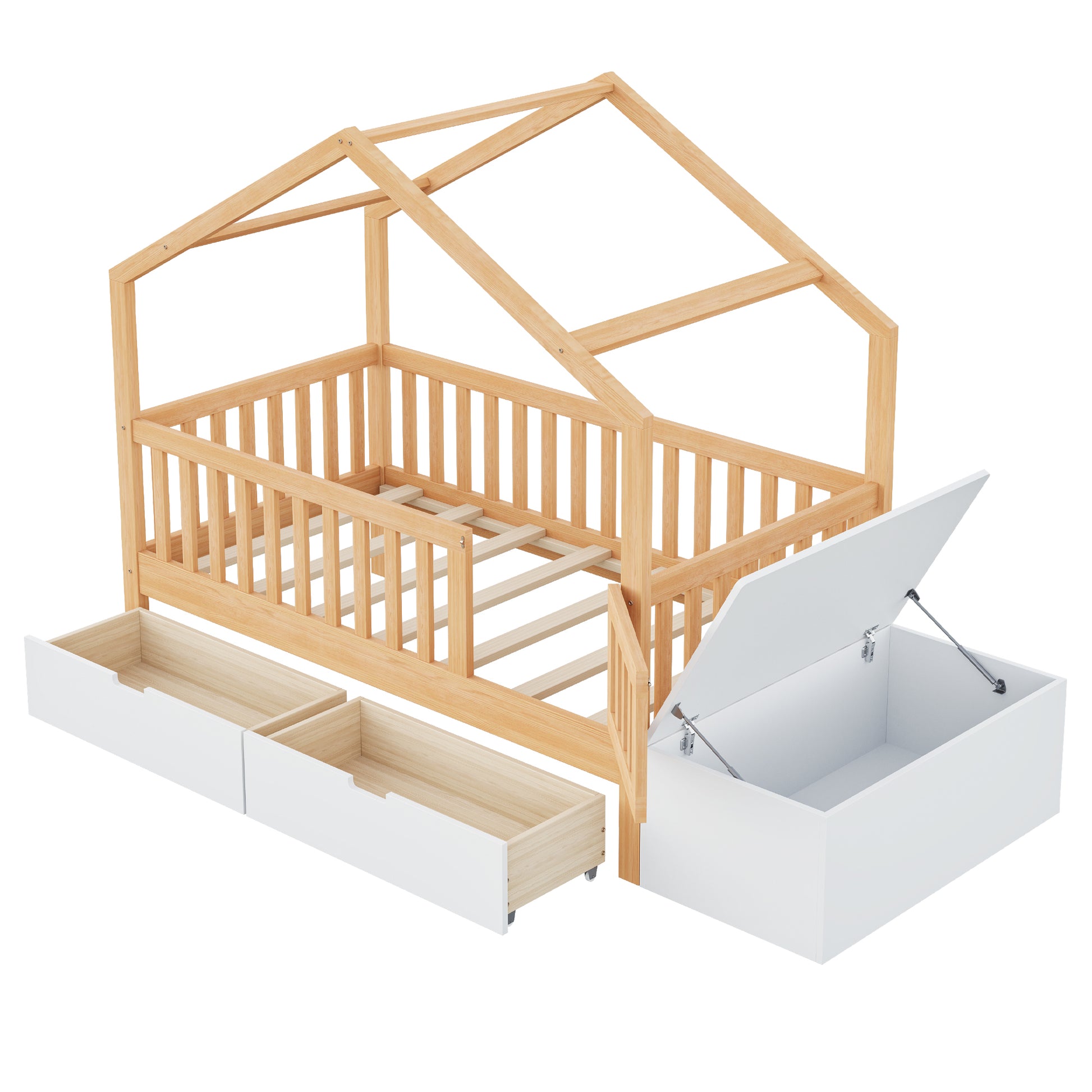 Toddler Bed with Storage Drawers & Lift-Top Chest, Solid Wood Bed with Safety Railings & Gate, Playhouse Bed Frame for Kids, Compatible with standard US toddler mattresses, Natural Wood & White image 5