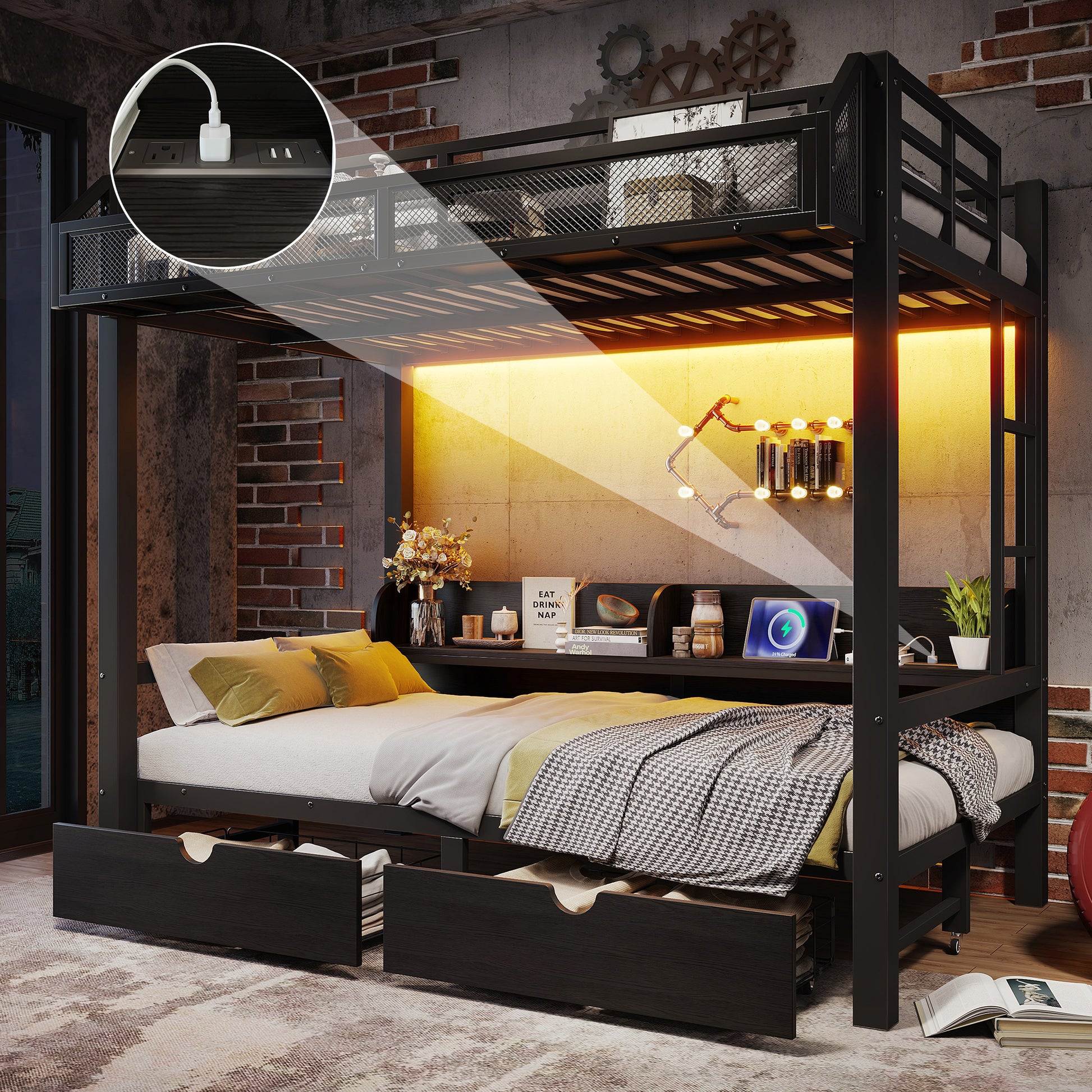 Twin over Twin Bunk Bed with Storage Shelves and Drawers,Multifunctional Metal Bunk Beds with USB Ports and LED Lights, Lower Bed that can be converted into a sofa, Black image 1