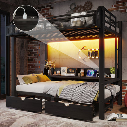 Twin over Twin Bunk Bed with Storage Shelves and Drawers,Multifunctional Metal Bunk Beds with USB Ports and LED Lights, Lower Bed that can be converted into a sofa, Black image 1