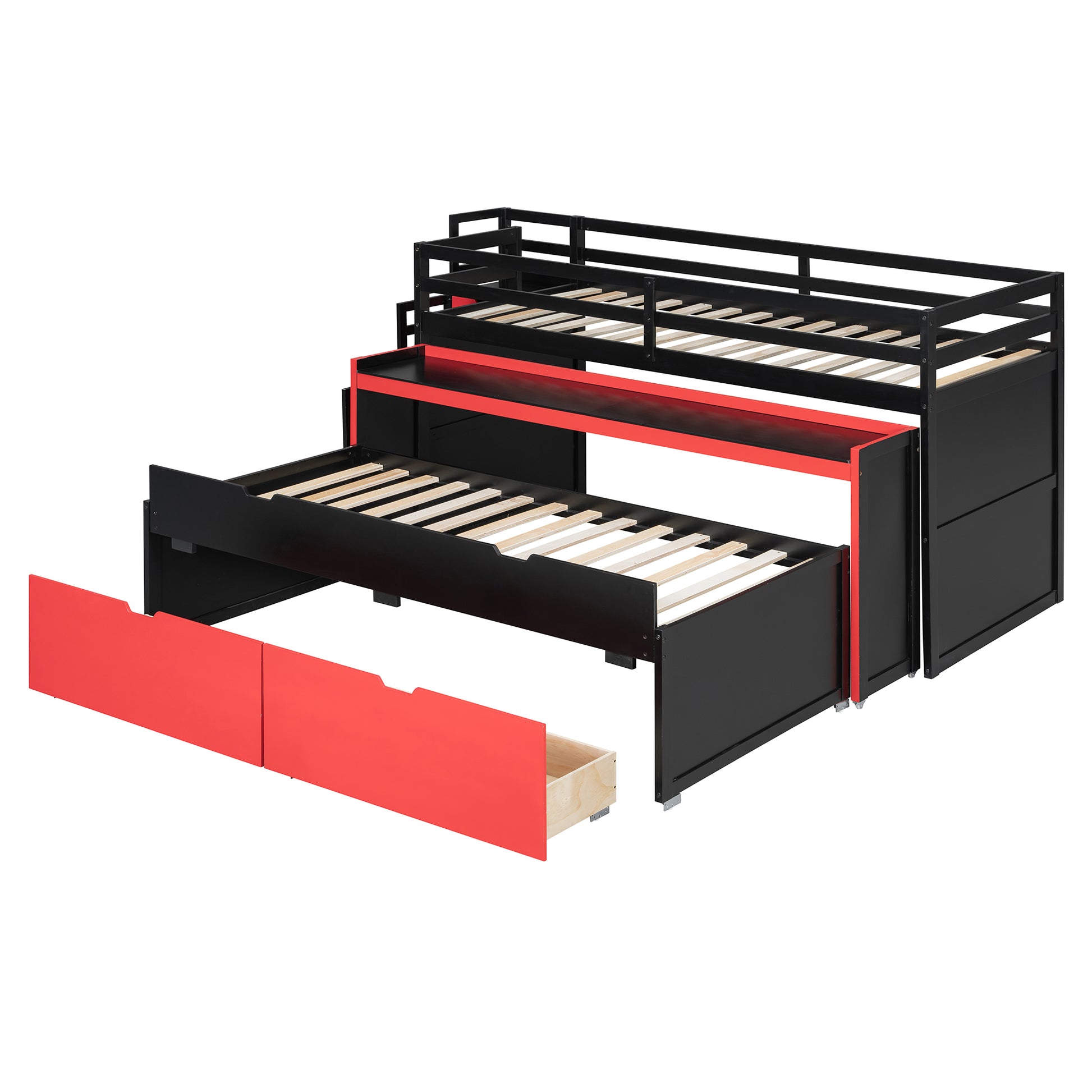 Twin XL Loft Bed with Pull-Out Desk and Twin Trundle, Multi-Functional Bunk Bed with 2 Storage Drawers and Storage Steps, Space-Saving Gaming & Workstation Bedframe, Black+Red image 12