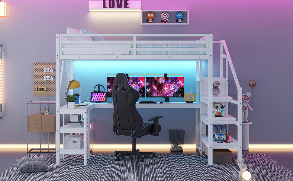 Metal Full Loft Bed with Wardrobe and LED Light, Full Size Loft Bed with L Shaped Desk and USB for Kids Teens Adults, White(Expect Arrival Date 2026/3/2) image 6