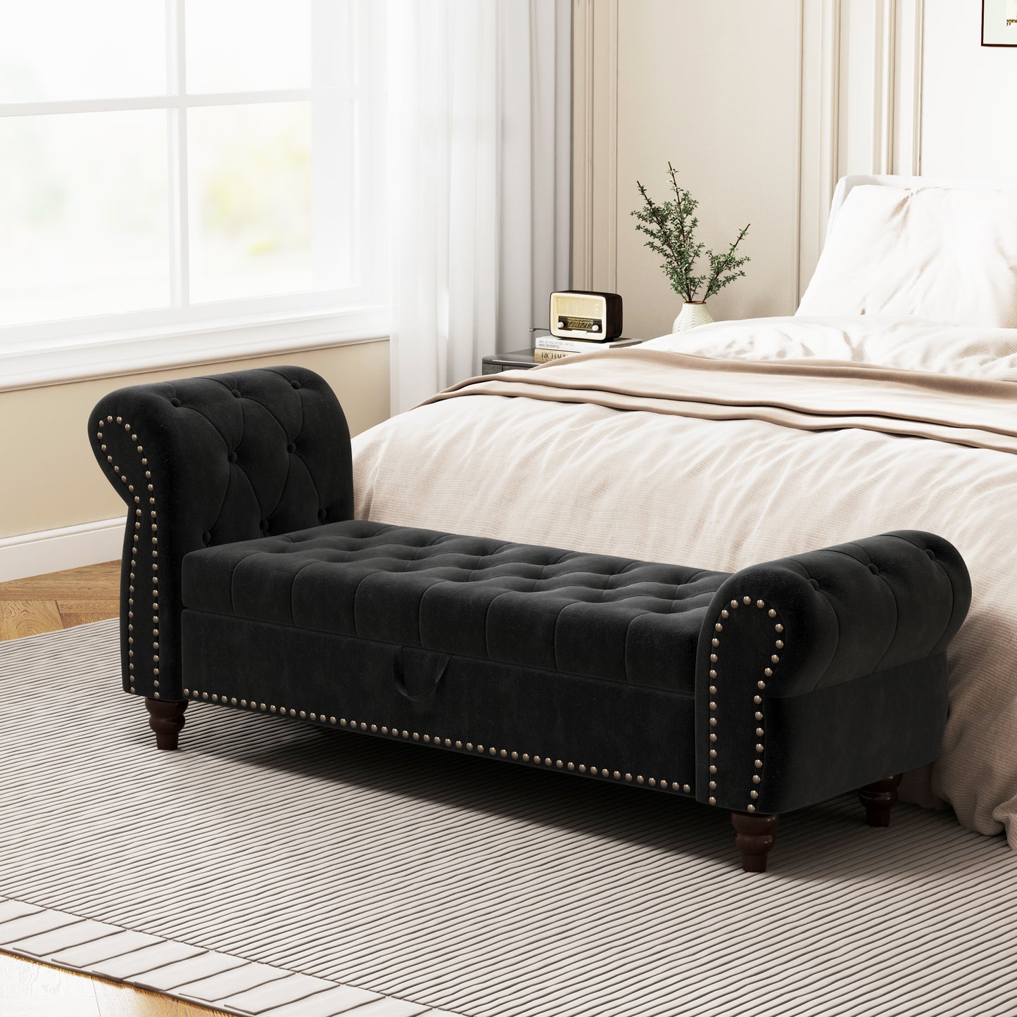 64.5" Bed Bench for Bed Room Nails Tufted Chaise of Lounge with Storage Velvet Upholstery Black image 1