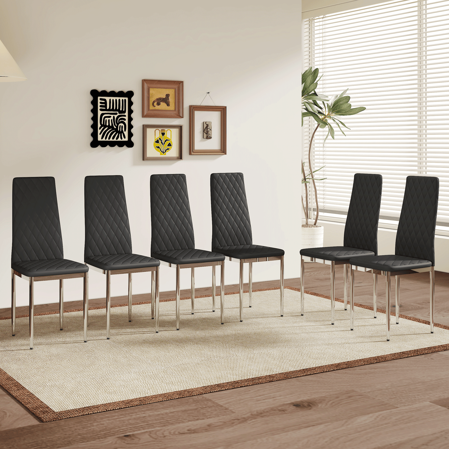 Modern Style Dining Chairs Set of 6 in Black, Essential for Minimalist Homes.Meeting Family Dining Needs,PU Material Seat,Silver Metal Legs,Blending into Various Home Environments.W1151107275 image 1