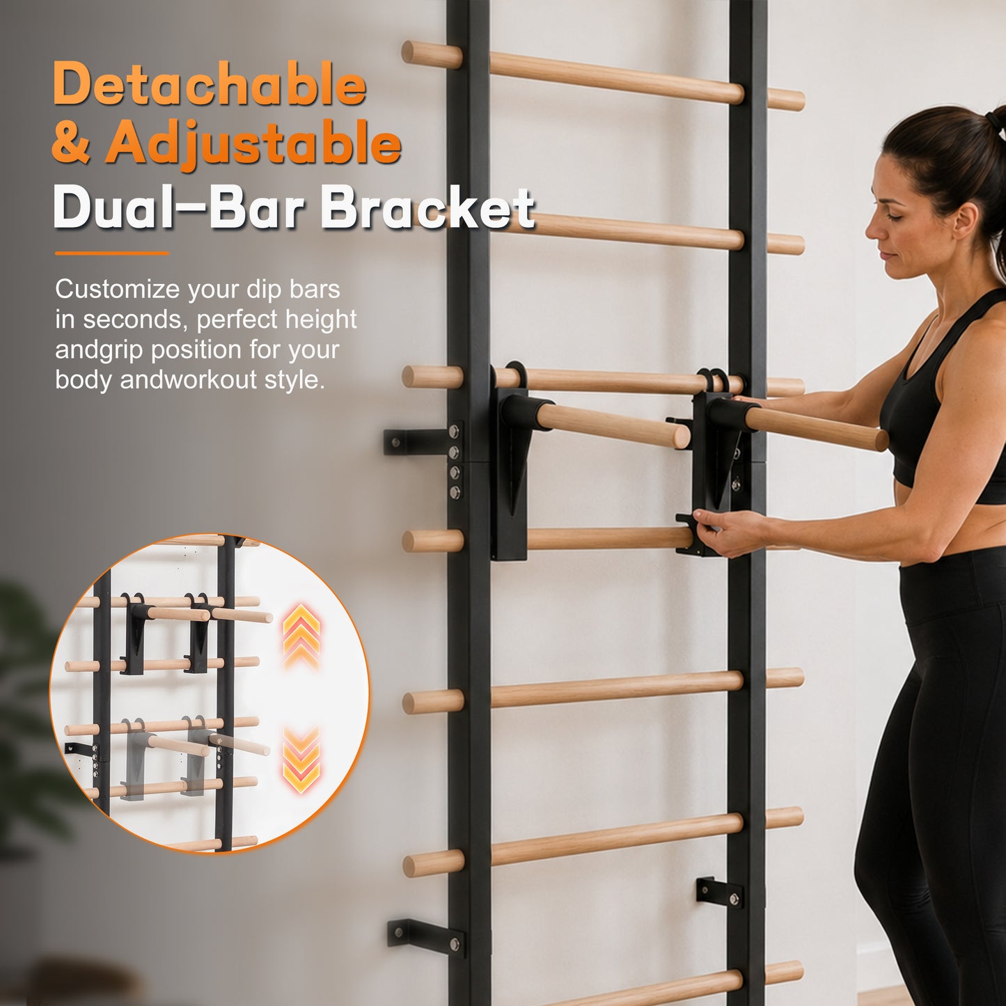 Wall Mount Swedish Ladder Home Gym Training Stall Bar with Adjustable Pull Up Dip Bars & Resistance Straps, Max 286lbs Capacity image 4