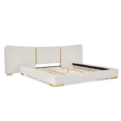 King Size Extra Large Platform Bed, Soft Chenille Fabric Frame, Curved Headboard, Reinforced Electroplated Metal Legs, Flexible DIY Side Space Design-Beige image 10