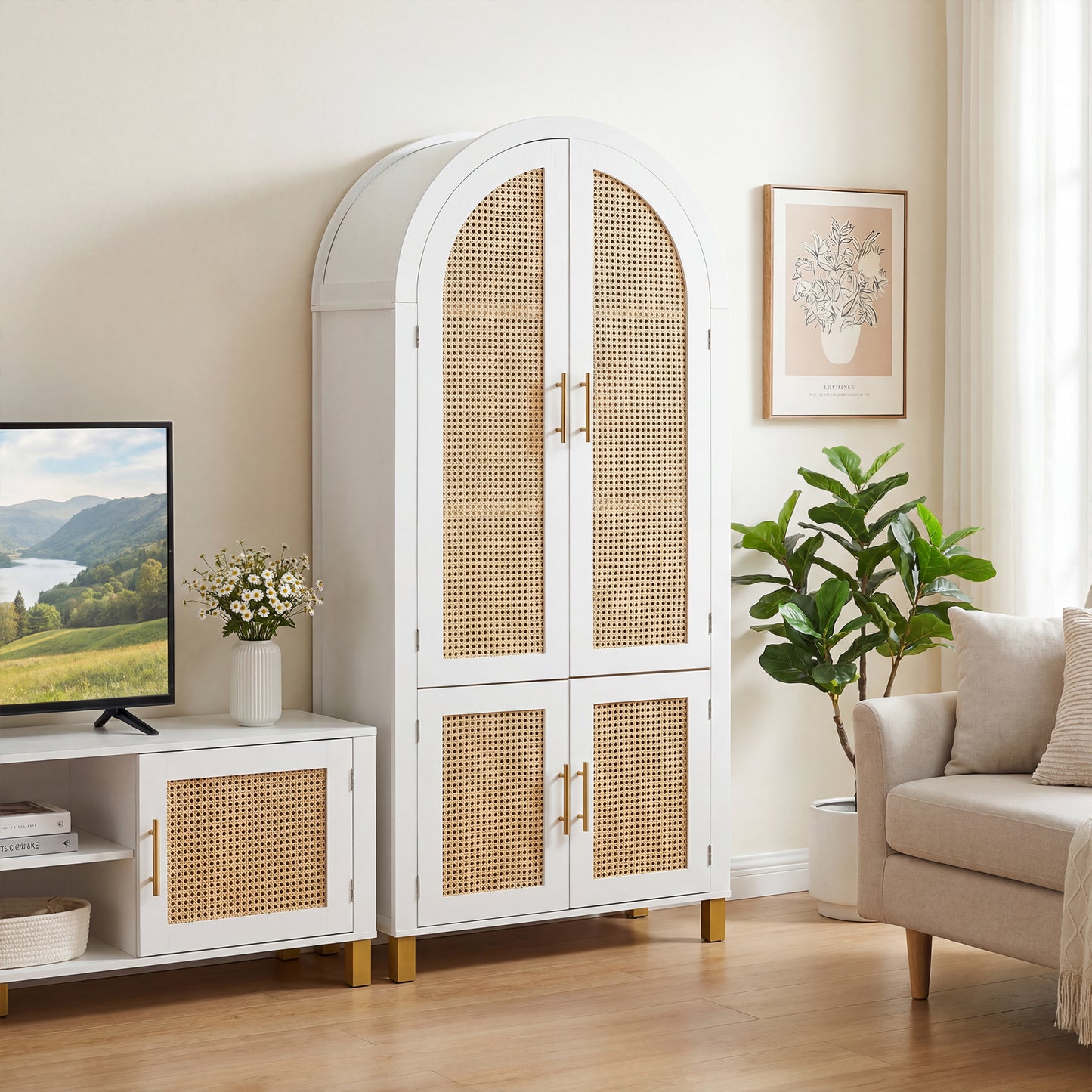 71" Tall Arched Cabinet with Rattan Doors & Adjustable Shelves,4 Doors Modern Farmhouse Storage Cabinet with Built-in Racks for Kitchen, Dining Room, Study, White image 2