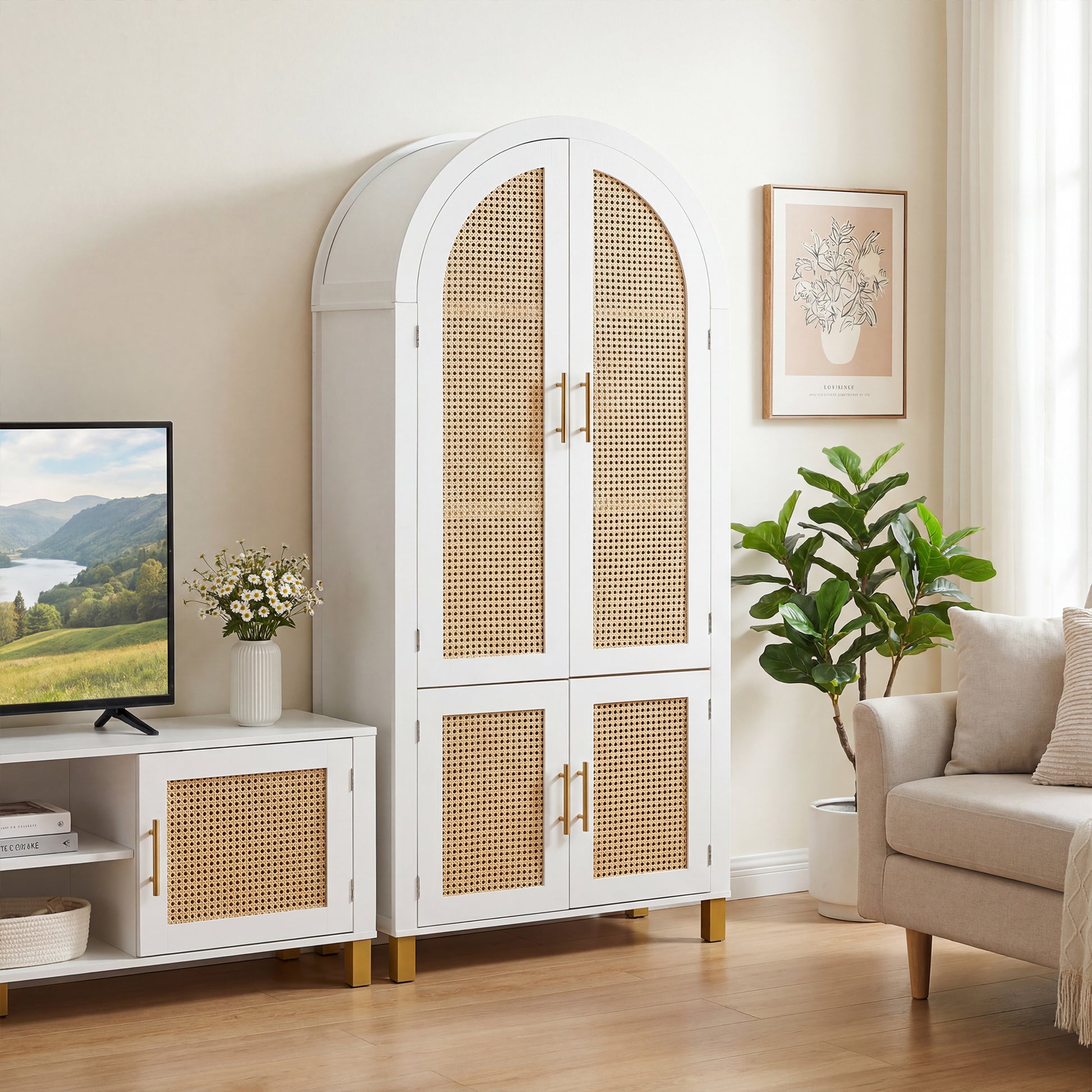 71" Tall Arched Cabinet with Rattan Doors & Adjustable Shelves,4 Doors Modern Farmhouse Storage Cabinet with Built-in Racks for Kitchen, Dining Room, Study, White image 2