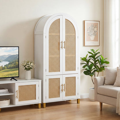 71" Tall Arched Cabinet with Rattan Doors & Adjustable Shelves,4 Doors Modern Farmhouse Storage Cabinet with Built-in Racks for Kitchen, Dining Room, Study, White image 2