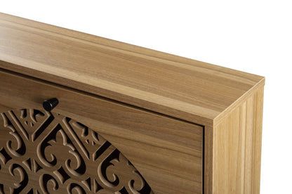 Japandi Narrow Shoe Cabinet with 2 Flip Drawers, Carved Floral Pattern Wooden Shoe Storage Organizer, Freestanding Hidden Shoe Rack for Entryway, Hallway, Living Room, 6.7"x23.63"x34.26",Walnut Brown image 5