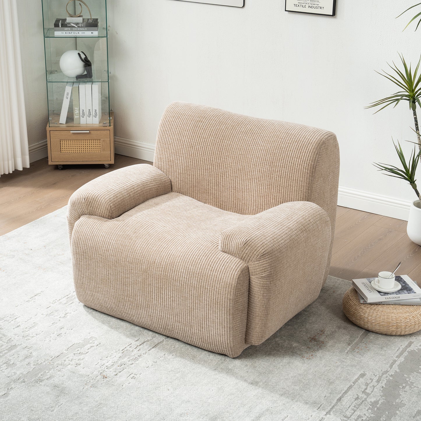 42" Wide Modern Upholstered Chenille Vertical Stripes Accent Chair, Boneless Single Sofa Chair, Armchair Comfy Reading Lounge Chair with Deep Seats for Living Room Bedroom Apartment, Dorms, Taupe image 3