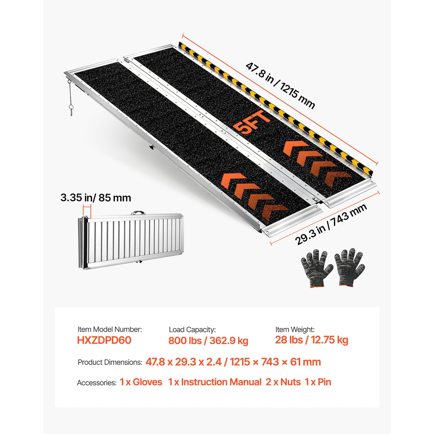 Portable Wheelchair Ramp, 5FT, Non-Slip Aluminum Folding Handicap Ramp for Wheelchair, 800 lbs Capacity, Door Threshold Ramps for Home Steps, Stairs, Entry, Threshold, Doorways, Scooter, Curbs image 10