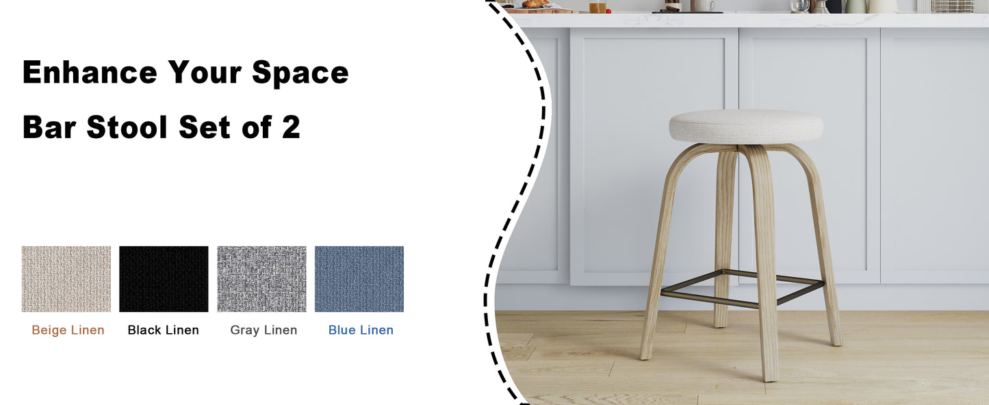 Swivel Bar Stools Set of 2, Counter Height Backless 26″ Bar Stool, Fabric Upholstered Seat, Sturdy Wood Legs and Metal Footrest, Mid-Century Modern Island Stools for Home Bars, Restaurants, Beige image 8