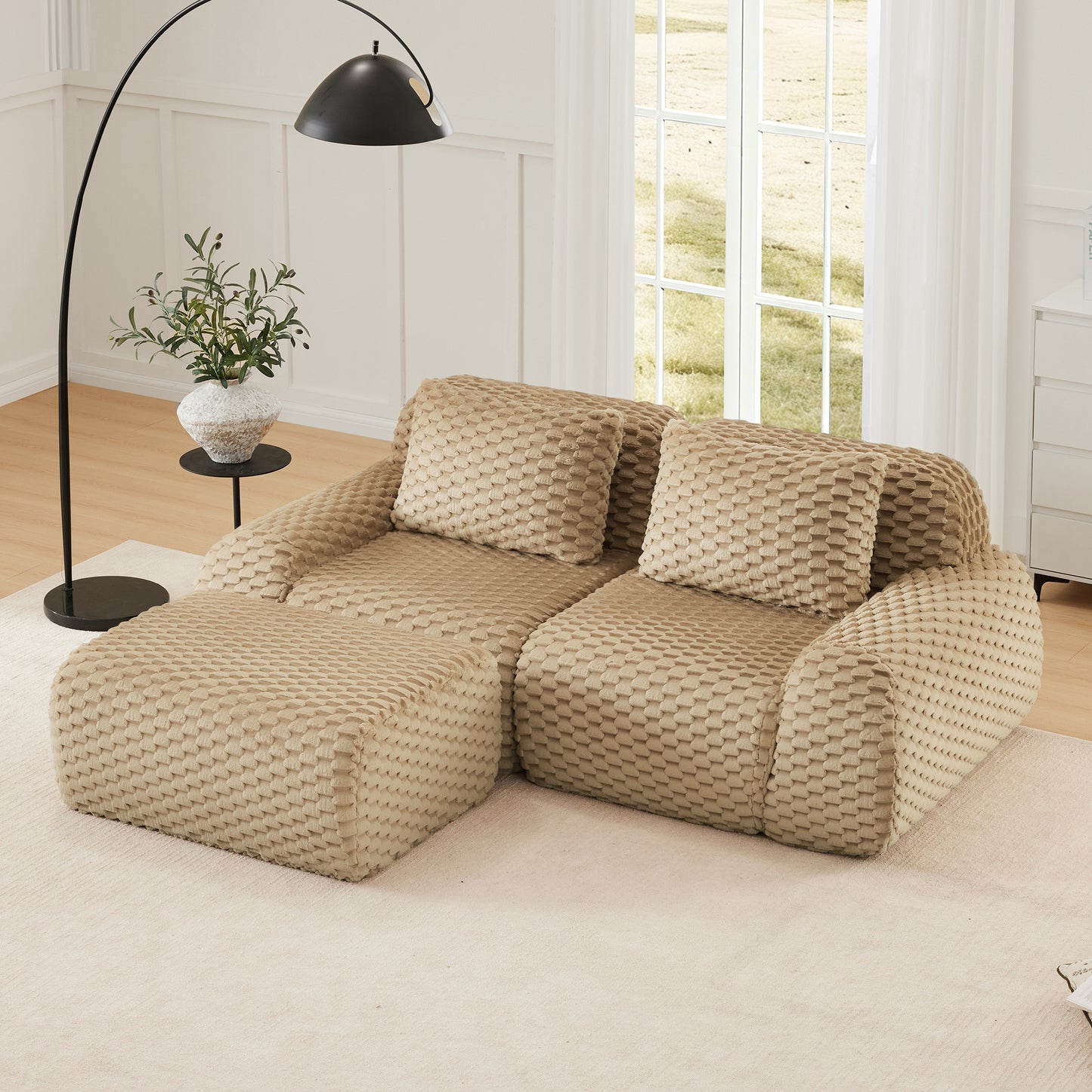 82" Modern L-Shaped Modular Sectional Sofa for Living Room,Flannelette Fabric,Oversized 2-Seater Couch,boneless sofa,Movable Ottoman,Buckle connection,Anti-slip Design,No Assembly,Light Camel image 1