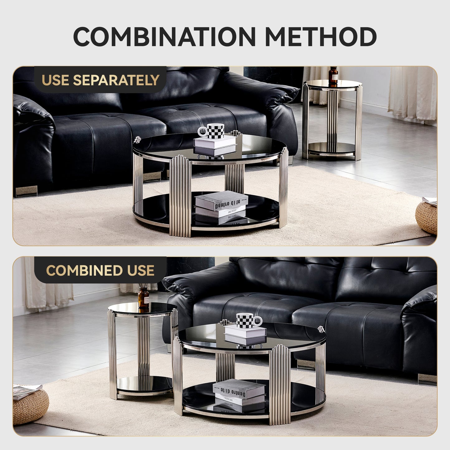 16.90 Inch Modern End Table, Bedside Table,Double-Layer Tempered Black Glass & Silver Stainless Steel Frame Living Room Table, Round Table,Easy Assembly. image 6