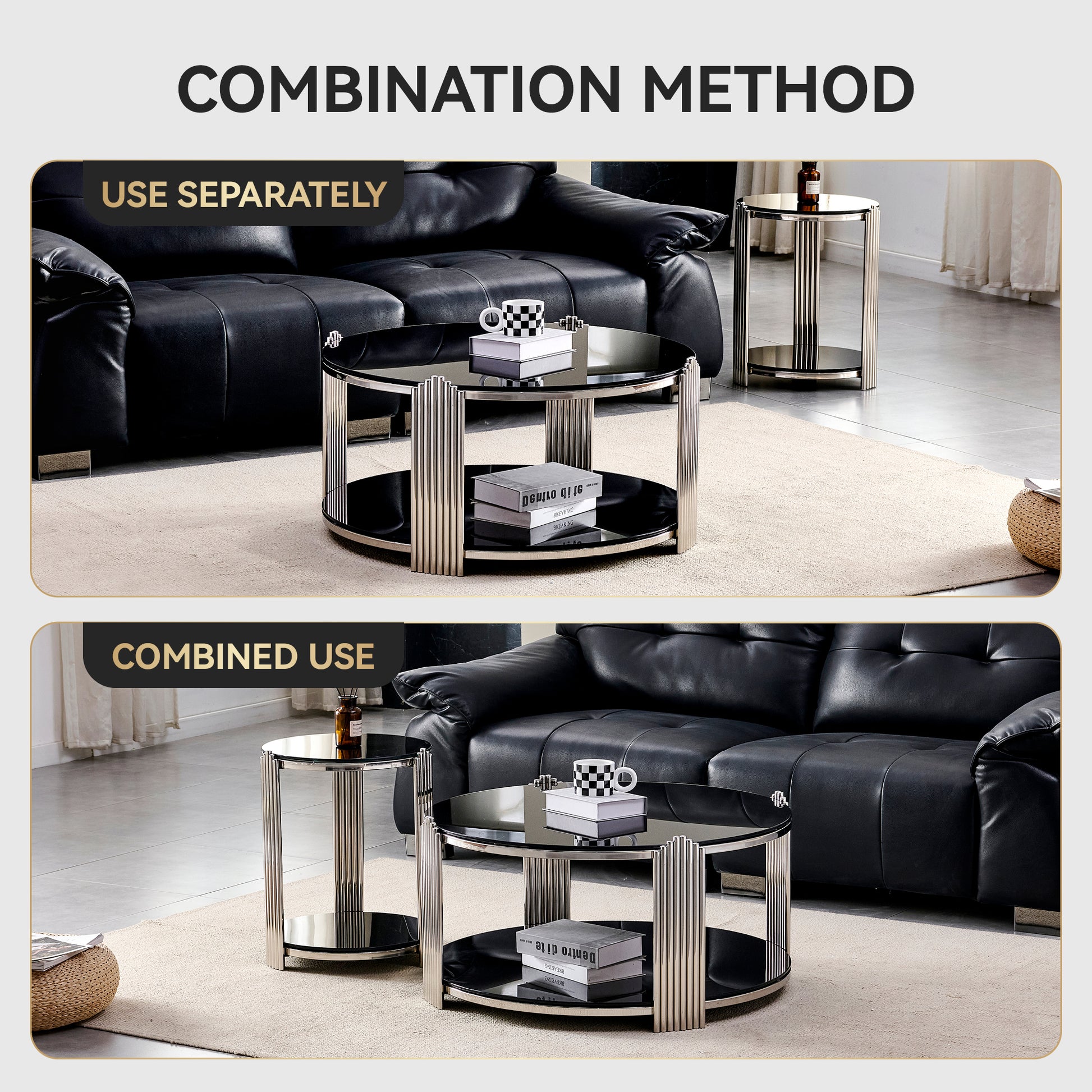 16.90 Inch Modern End Table, Bedside Table,Double-Layer Tempered Black Glass & Silver Stainless Steel Frame Living Room Table, Round Table,Easy Assembly. image 6
