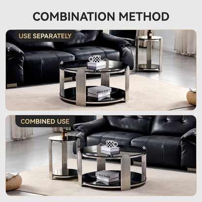 16.90 Inch Modern End Table, Bedside Table,Double-Layer Tempered Black Glass & Silver Stainless Steel Frame Living Room Table, Round Table,Easy Assembly. image 6