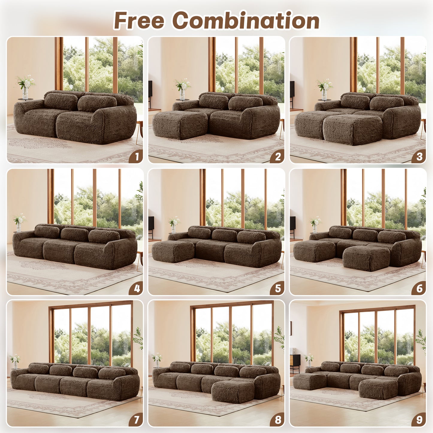L-shaped Boneless Sofa,Soft Fluffy Plush Fabric,With Chaise 32D High Density Sponge,No Assembly Required,Ergonomic Design Bottom Anti-Slip Design,With Throw Pillows,Fits Bedrooms,Chocolate image 12