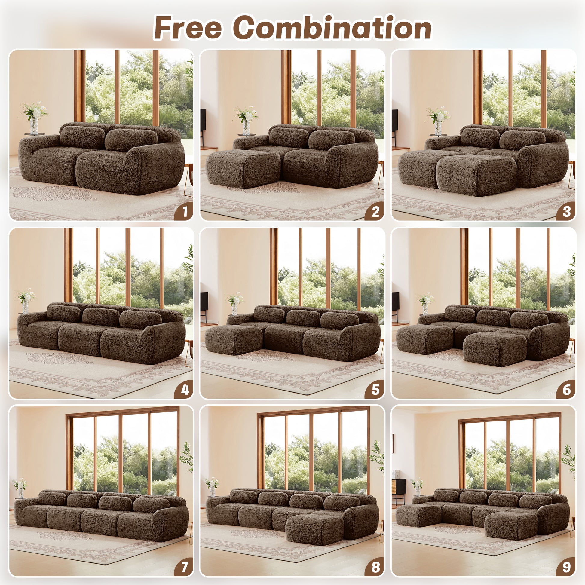 L-shaped Boneless Sofa,Soft Fluffy Plush Fabric,With Chaise 32D High Density Sponge,No Assembly Required,Ergonomic Design Bottom Anti-Slip Design,With Throw Pillows,Fits Bedrooms,Chocolate image 12