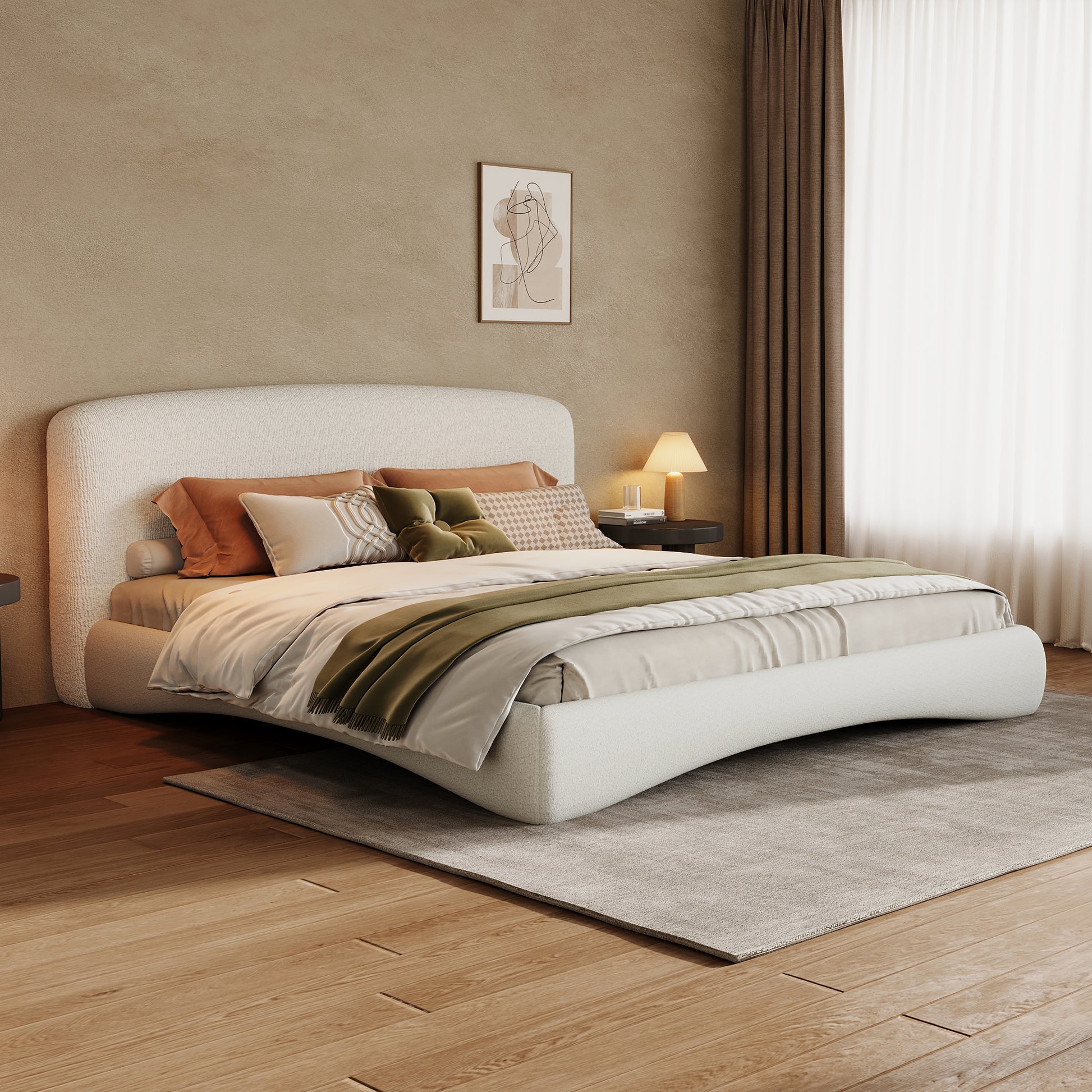 Curved Upholstered Bed with Smart Ambient Lighting,Cream,King image 1