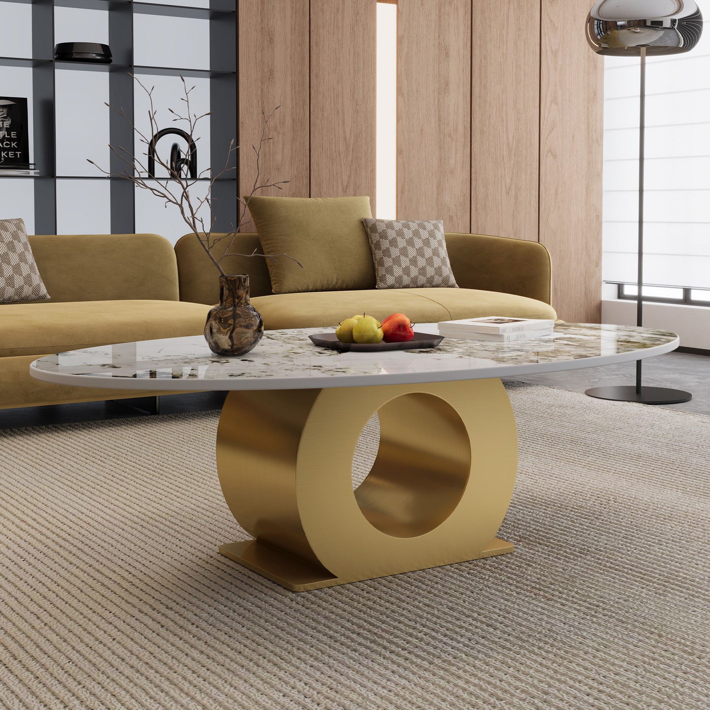 Modern 49.2" Oval Sintered Stone Coffee Table with Stainless Steel Base, Center Table for Living Room image 1