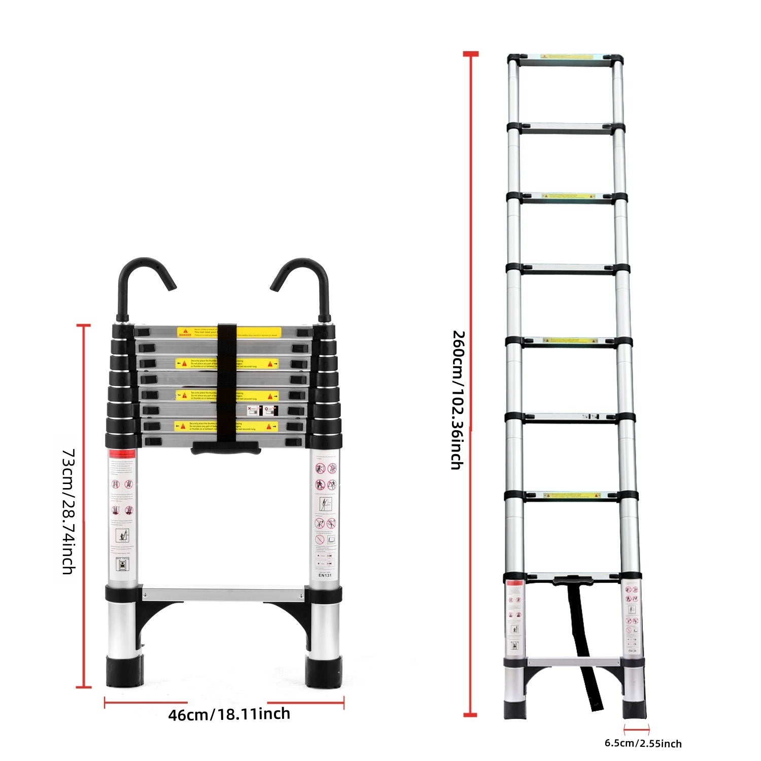 8.5FT telescopic ladder, telescopic aluminum alloy multi-purpose folding telescopic ladder with hooks and triangular support frame, suitable for outdoor work at home or RV image 3