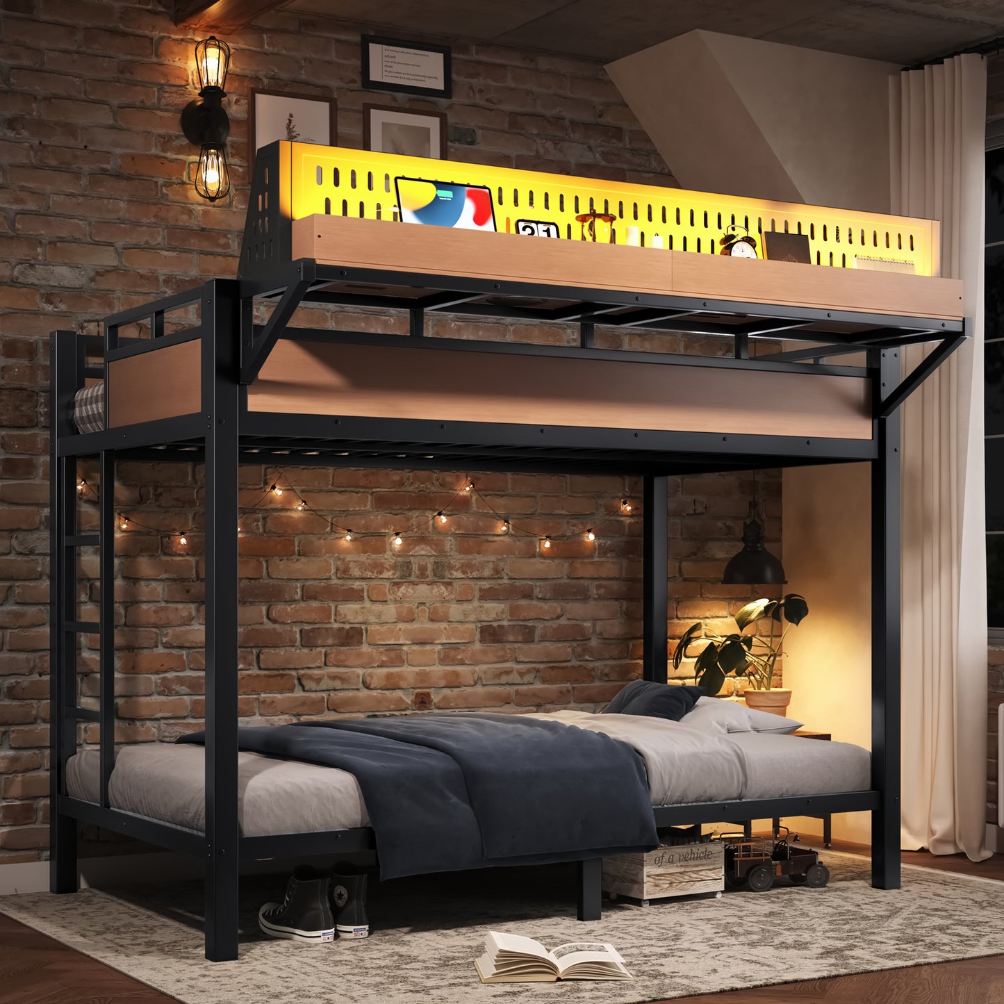 Twin XL over Twin XL Size Metal Bunk Bed with Storage Shelves and Pegboard, Bunk Bed Frame with USB Ports and LED Lights, Space-Saving, for Teens and Adults, Natural image 2