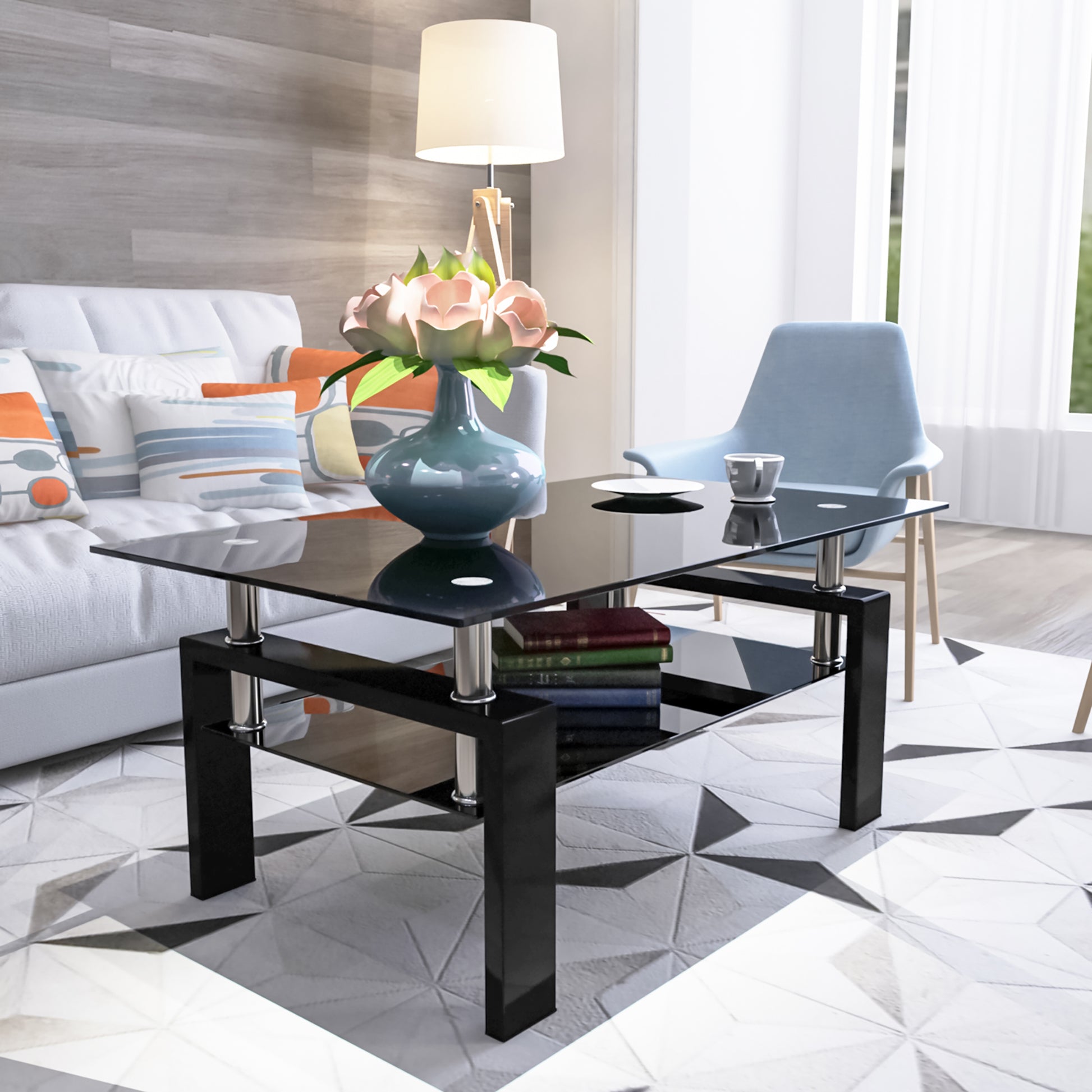 Rectangle Black Glass Coffee Table, Clear Coffee Table,Modern Side Center Tables for Living Room,Living Room Furniture (Old Sku:W24138125) image 1