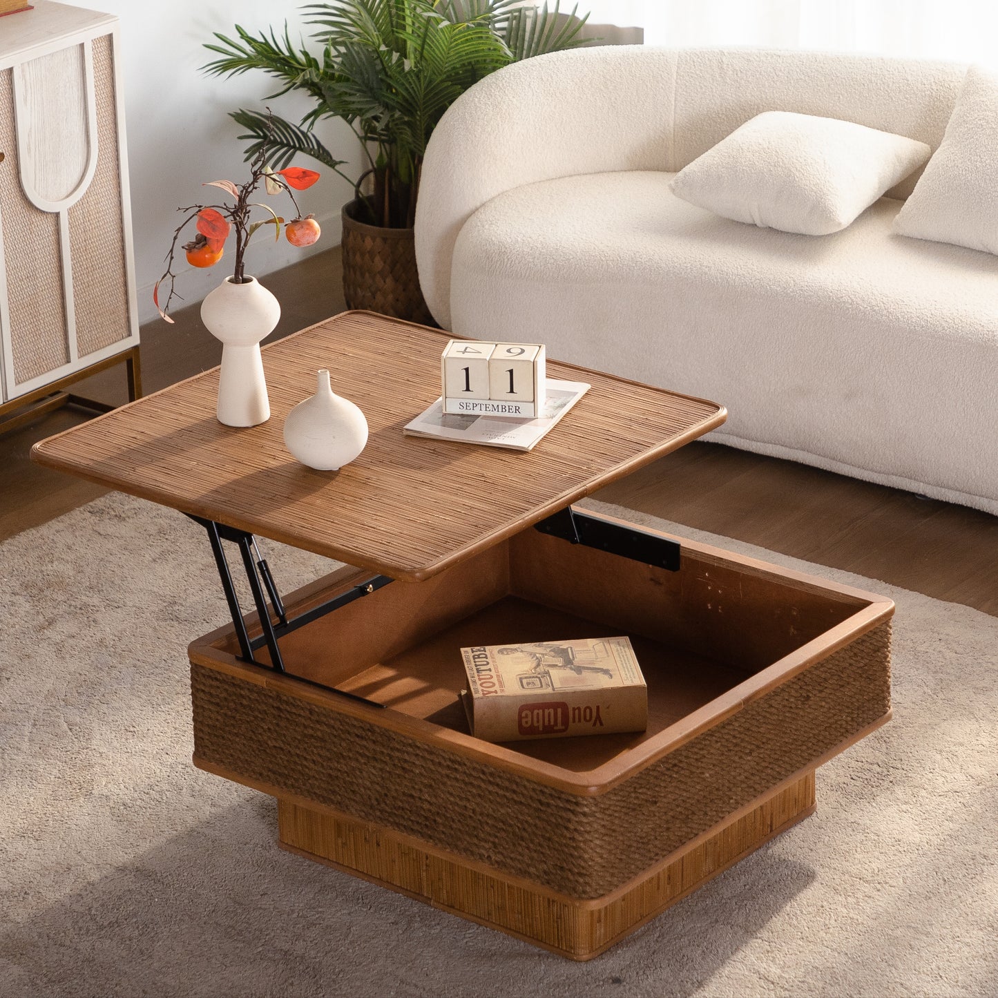 31.52"Square Rattan + Hemp Rope Coffee Table With Adjustable Storage Function, Featuring A Vintage Natural Style,for Dining Room, Kitchen And Living Room,Natural image 4