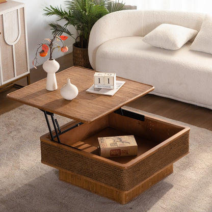 31.52"Square Rattan + Hemp Rope Coffee Table With Adjustable Storage Function, Featuring A Vintage Natural Style,for Dining Room, Kitchen And Living Room,Natural image 4